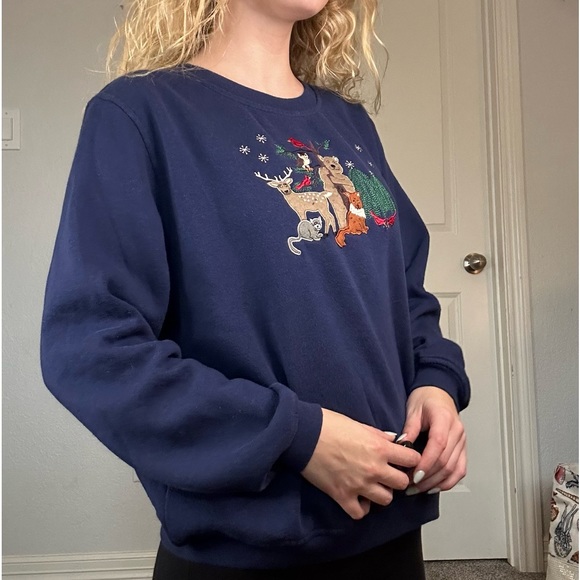 Women’s Rebecca Malone Petite Navy Woodland Creatures Sweatshirt Size Petite Lg - Picture 2 of 8